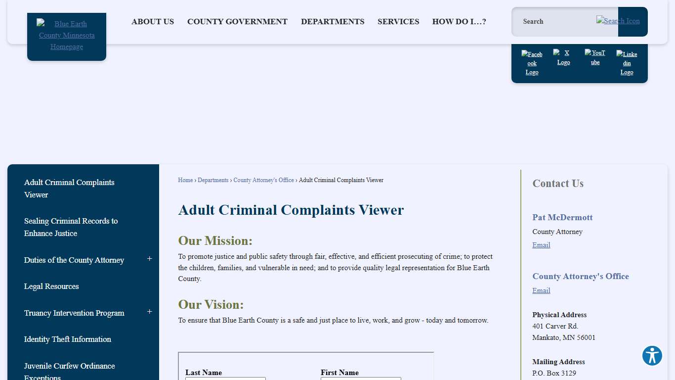 Adult Criminal Complaints Viewer | Blue Earth County, MN - Official Website