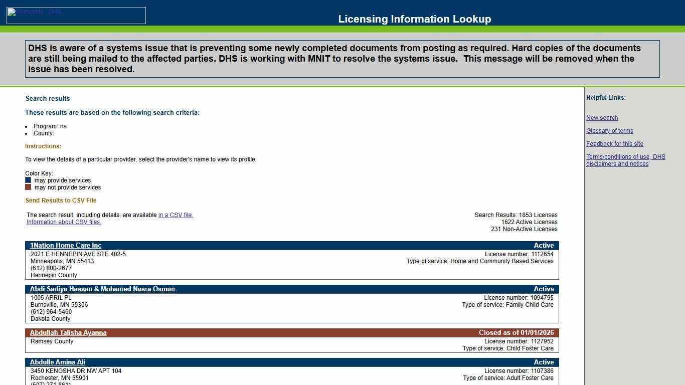 Search results, MN DHS Licensing Info Lookup